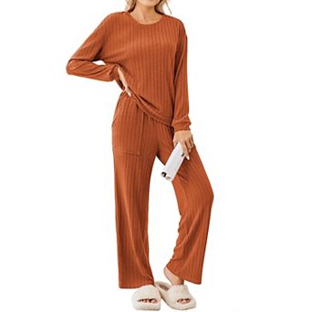 Ekouaer Lounge Sets Ribbed Knit Pajama Sets Two Piece Long Sleeve Pajamas Loungewear Outfits