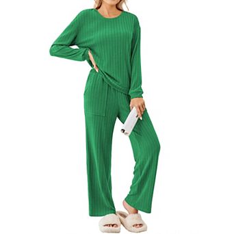 Ekouaer Lounge Sets Ribbed Knit Pajama Sets Two Piece Long Sleeve Pajamas Loungewear Outfits