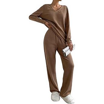 Ekouaer Womens Two Piece Pajamas Fuzzy Fleece Sleepwear Set Long Sleeve Outfits Fall Loungewear