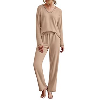 Ekouaer Womens Two Piece Pajamas Fuzzy Fleece Sleepwear Set Long Sleeve Outfits Fall Loungewear