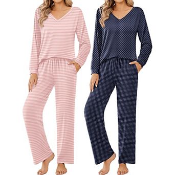 Ekouaer Womens Two Pack Pajama Sets Long Sleeve Leopard Top with Pants Pajamas Sleepwear