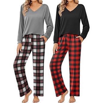 Ekouaer Womens Two Pack Pajama Sets Long Sleeve Leopard Top with Pants Pajamas Sleepwear