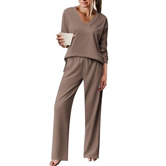 Ekouaer Pajama for Womens Set Ploar Fleece Long Sleeve Lounge Sets Pajamas V Neck Sleepwear