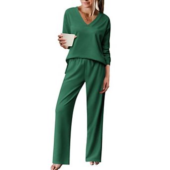 Ekouaer Pajama for Womens Set Ploar Fleece Long Sleeve Lounge Sets Pajamas V Neck Sleepwear