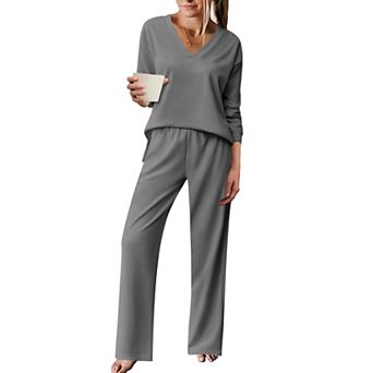Ekouaer Pajama for Womens Set Ploar Fleece Long Sleeve Lounge Sets Pajamas V Neck Sleepwear