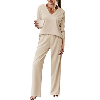 Ekouaer Pajama for Womens Set Ploar Fleece Long Sleeve Lounge Sets Pajamas V Neck Sleepwear