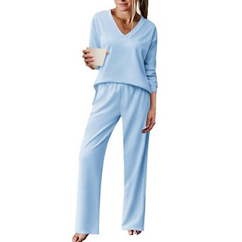 Ekouaer Pajama for Womens Set Ploar Fleece Long Sleeve Lounge Sets Pajamas V Neck Sleepwear