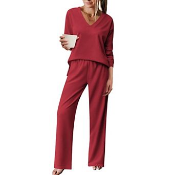 Ekouaer Pajama for Womens Set Ploar Fleece Long Sleeve Lounge Sets Pajamas V Neck Sleepwear
