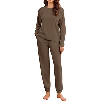 Ekouaer Womens Fleece Pajamas Sets Long Sleeve Lounge Set Jogger Sets Two Piece Flannel Pajamas