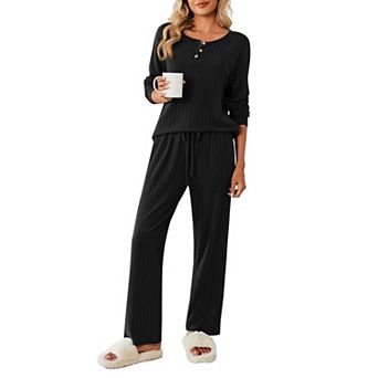 Ekouaer Womens Pajamas Set Two Piece Ribbed Knit Button Down Pajamas Set Fleece Long Sleeve