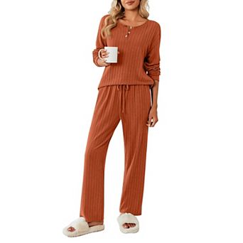 Ekouaer Womens Pajamas Set Two Piece Ribbed Knit Button Down Pajamas Set Fleece Long Sleeve