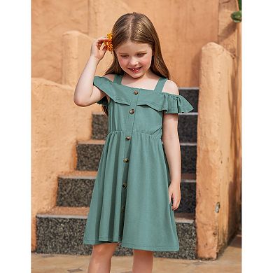 Arshiner Girls Dresses Summer Spaghetti Strap Cold Shoulder Ruffle Button Down A Line Dresses
