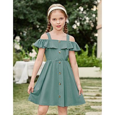 Arshiner Girls Dresses Summer Spaghetti Strap Cold Shoulder Ruffle Button Down A Line Dresses