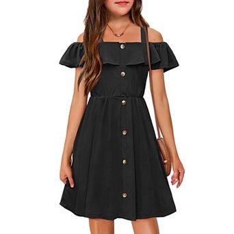 Arshiner Girls Dresses Summer Spaghetti Strap Cold Shoulder Ruffle Button Down A Line Dresses