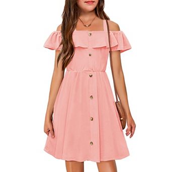 Arshiner Girls Dresses Summer Spaghetti Strap Cold Shoulder Ruffle Button Down A Line Dresses