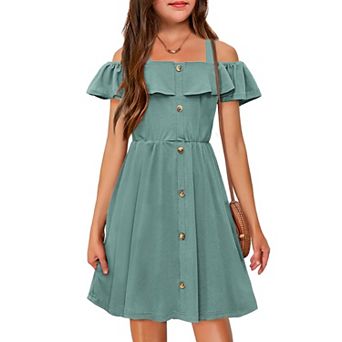 Arshiner Girls Dresses Summer Spaghetti Strap Cold Shoulder Ruffle Button Down A Line Dresses