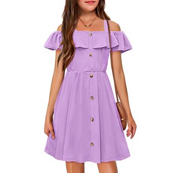 Arshiner Girls Dresses Summer Spaghetti Strap Cold Shoulder Ruffle Button Down A Line Dresses
