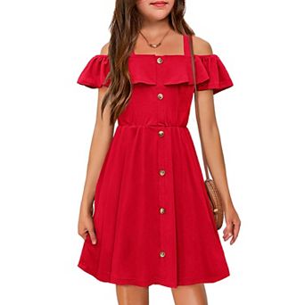 Arshiner Girls Dresses Summer Spaghetti Strap Cold Shoulder Ruffle Button Down A Line Dresses