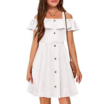Arshiner Girls Dresses Summer Spaghetti Strap Cold Shoulder Ruffle Button Down A Line Dresses