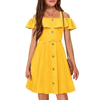 Arshiner Girls Dresses Summer Spaghetti Strap Cold Shoulder Ruffle Button Down A Line Dresses