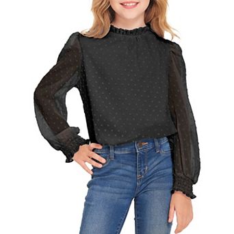Arshiner Girls Long Sleeve Shirts Chiffon Blouses Swiss Dot Frill Neck Casual Loose Cute Top Tee