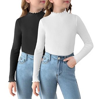 Arshiner Girls Lettuce Trim Mock Neck Long Sleeve Tops Ribbed Knit Slim Fit Base Layer T-Shirt