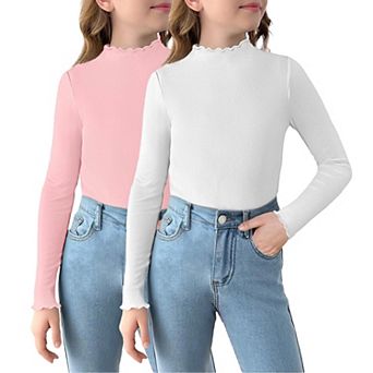 Arshiner Girls Lettuce Trim Mock Neck Long Sleeve Tops Ribbed Knit Slim Fit Base Layer T-Shirt