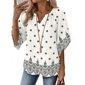 Zeagoo Womens 3/4 Sleeve V Neck Floral Printed Boho Blouses Loose Casual Bohemian Tunic Shirts