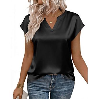 Zeagoo Womens Cap Sleeve V Neck Silk Satin Blouses Dressy Business Casual Spring Summer Shirts