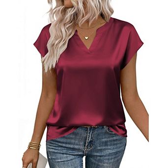 Zeagoo Womens Cap Sleeve V Neck Silk Satin Blouses Dressy Business Casual Spring Summer Shirts