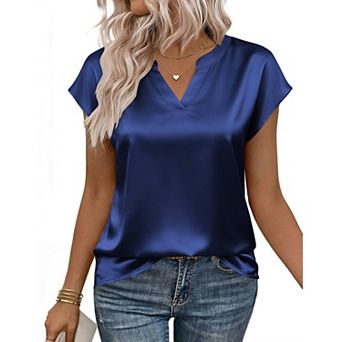 Zeagoo Womens Cap Sleeve V Neck Silk Satin Blouses Dressy Business Casual Spring Summer Shirts