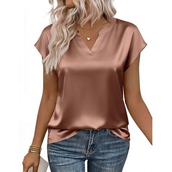 Zeagoo Womens Cap Sleeve V Neck Silk Satin Blouses Dressy Business Casual Spring Summer Shirts