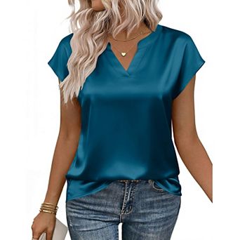 Zeagoo Womens Cap Sleeve V Neck Silk Satin Blouses Dressy Business Casual Spring Summer Shirts