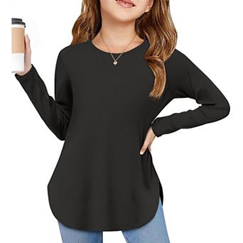Arshiner Girls Loose Long Sleeve Tops Round Neck Curve Hem Side Slit