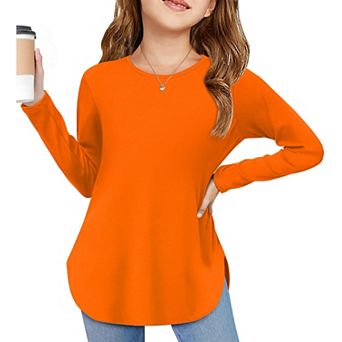 Arshiner Girls Loose Long Sleeve Tops Round Neck Curve Hem Side Slit
