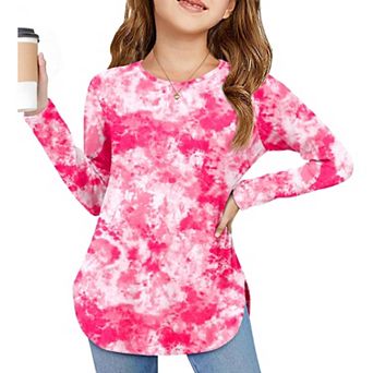 Arshiner Girls Loose Long Sleeve Tops Round Neck Curve Hem Side Slit