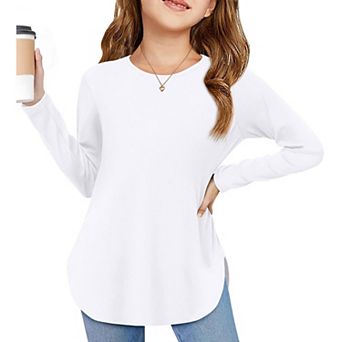 Arshiner Girls Loose Long Sleeve Tops Round Neck Curve Hem Side Slit