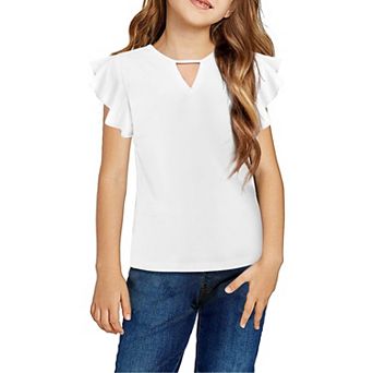 Arshiner Girls Shirts Short Sleeve Tee Ruffle Solid Summer Keyhole Neck Cotton Blouse Tops