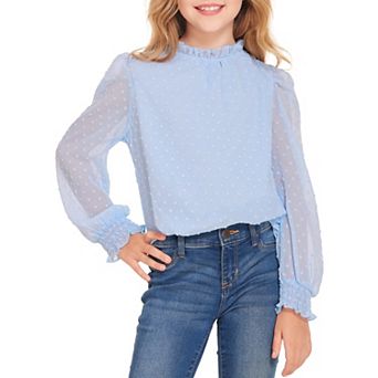 Arshiner Girls Long Sleeve Shirts Chiffon Blouses Swiss Dot Frill Neck Casual Loose Cute Top Tee