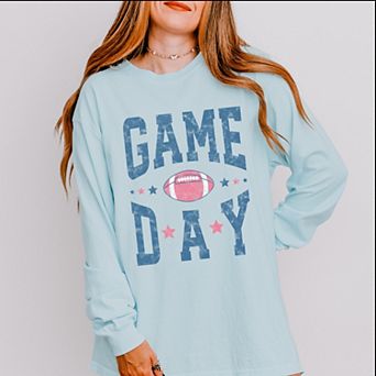 Game Day Blue Distressed - Women's Garment Dyed Long Sleeve Graphic T-Shirt
