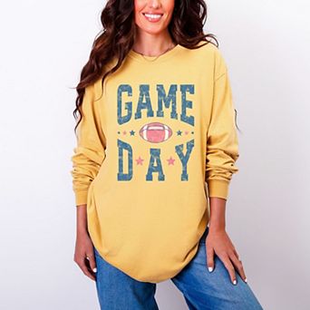 Game Day Blue Distressed - Women's Garment Dyed Long Sleeve Graphic T-Shirt