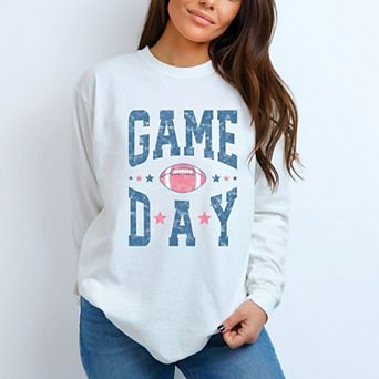 Game Day Blue Distressed - Women's Garment Dyed Long Sleeve Graphic T-Shirt