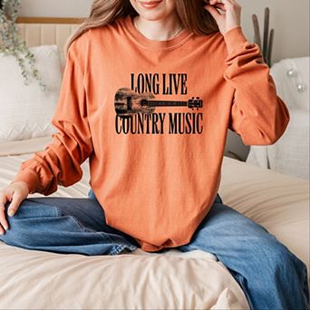 Long Live Country Music - Women's Garment Dyed Long Sleeve Graphic T-Shirt