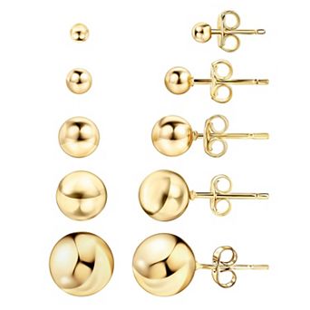 18K Gold Plated Polished Ball Stud Earrings 3 to 10mm Five Pieces Set