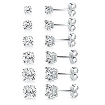 18K White Gold Plated Four claw CZ Stud Earrings 6 Pairs