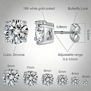 18K White Gold Plated Four claw CZ Stud Earrings 6 Pairs