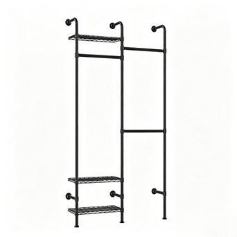 Wall Mounted Closet System, 2-Row Carbon Steel Clothes Rack with 3 Shelves, Black Garment Organizer