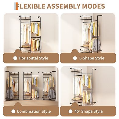 Wall Mounted Closet System, 2-Row Carbon Steel Clothes Rack with 3 Shelves, Black Garment Organizer