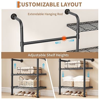 Wall Mounted Closet System, 2-Row Carbon Steel Clothes Rack with 3 Shelves, Black Garment Organizer
