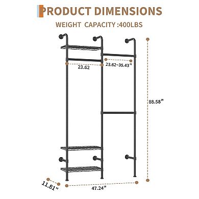 Wall Mounted Closet System, 2-Row Carbon Steel Clothes Rack with 3 Shelves, Black Garment Organizer
